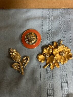 ART gold tone brooch, enamel paint and gold tone brooch & Coro silver tone brooc